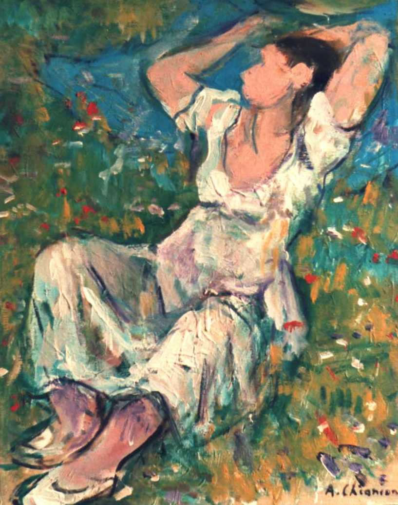 Fanciulla distesa sul prato, anni ’80, olio su tela, cm 50x40, Portici, (Na), collezione privata